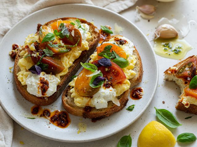 Italian Soft-Scramble Ricotta Toasts with Basil Heirlooms & Chili Crisp