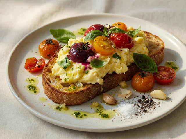 Italian Soft-Scramble Toast with Burst Heirloom Tomatoes and Basil