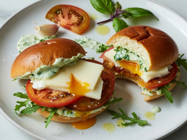 Jammy Egg & Heirloom Tomato Breakfast Sandwiches with Basil Mayo