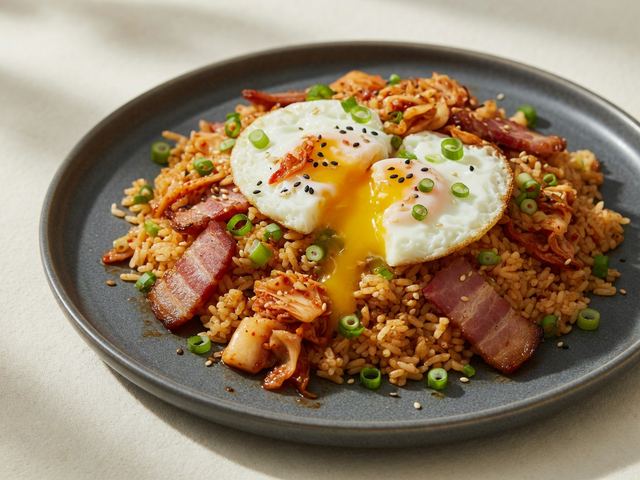 Kimchi Bacon Breakfast Fried Rice with Runny Eggs