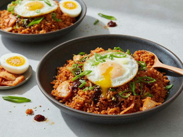Kimchi Fried Rice Breakfast Bowls with Soft Eggs