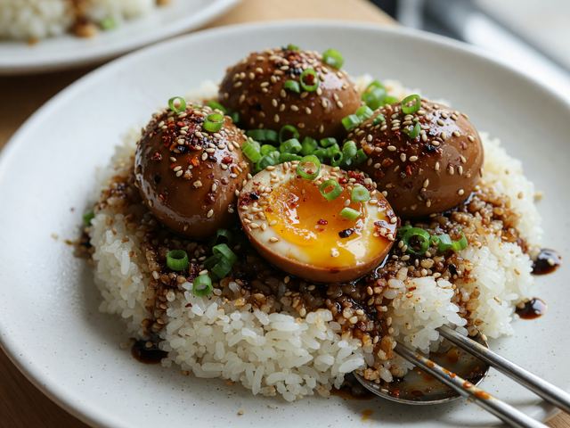 Korean Mayak Soy-Marinated Eggs on Rice