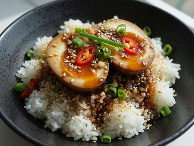 Korean Mayak Soy-Marinated Jammy Eggs on Rice