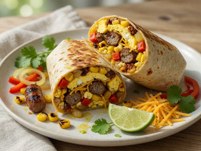 Make-Ahead Charred Corn Sausage Breakfast Burritos
