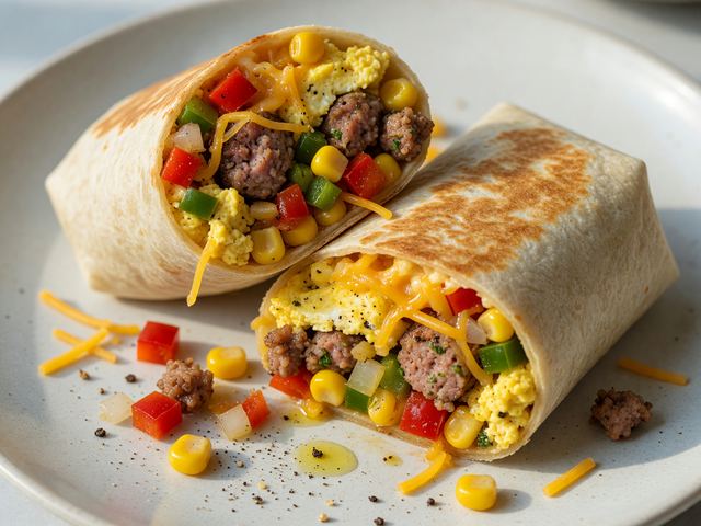 Make-Ahead Sausage Pepper & Sweet Corn Breakfast Burritos