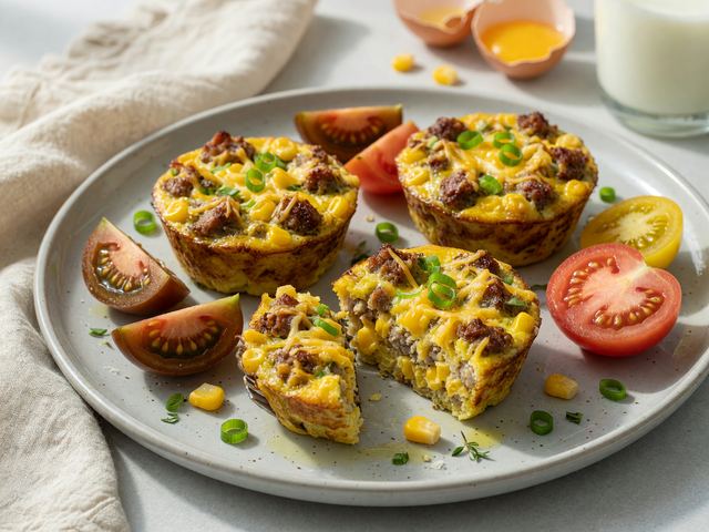 Make-Ahead Turkey Sausage Corn Frittata Cups with Heirloom Tomatoes
