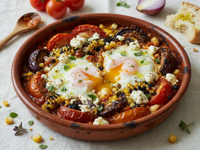 Mediterranean Baked Eggs in Charred-Corn Tomato Sauce with Feta