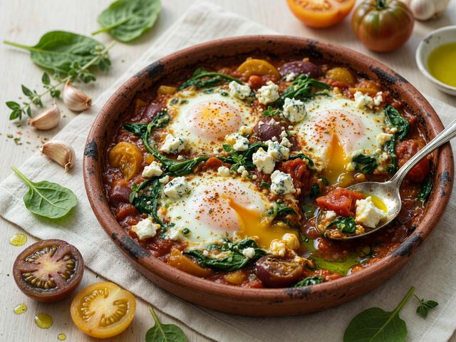Mediterranean Baked Eggs in Heirloom Tomato Sauce with Spinach and Feta