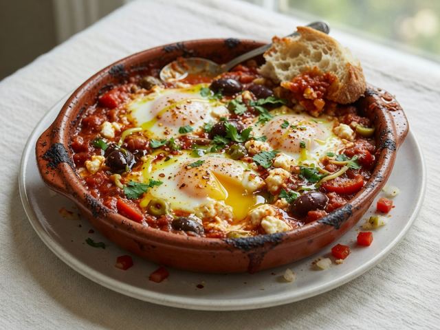 Mediterranean Baked Eggs with Spicy Tomato Sauce, Feta & Olives