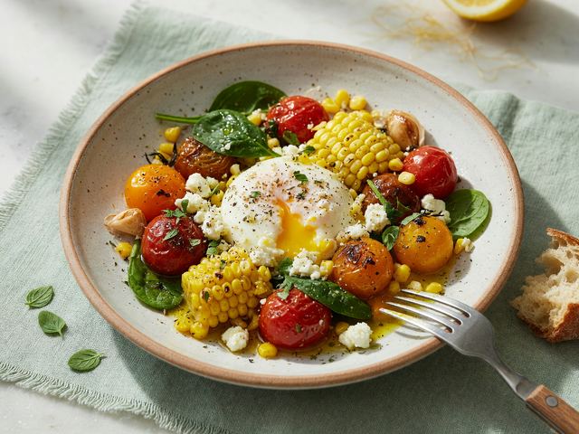 Mediterranean Blistered Tomato & Feta Egg Bowls with Fresh Corn