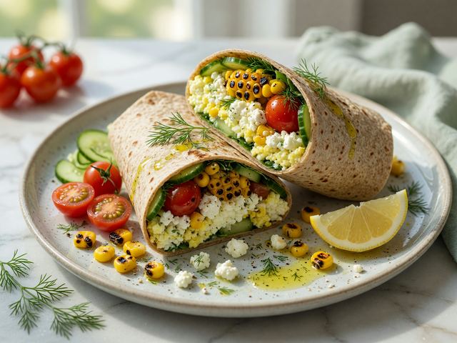 Mediterranean Cottage-Cheese Egg White Wraps with Charred Corn & Tomato