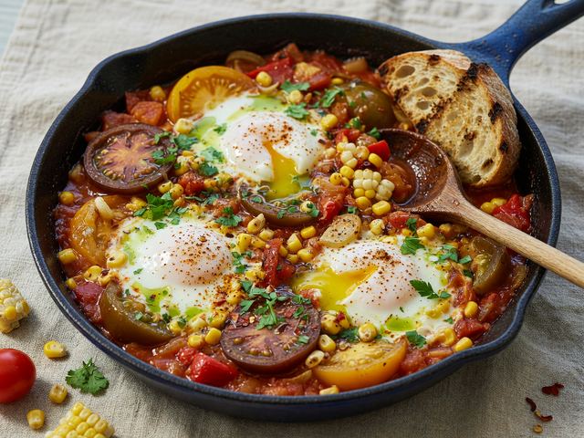 Mediterranean Heirloom Tomato & Corn Shakshuka-Style Skillet Eggs