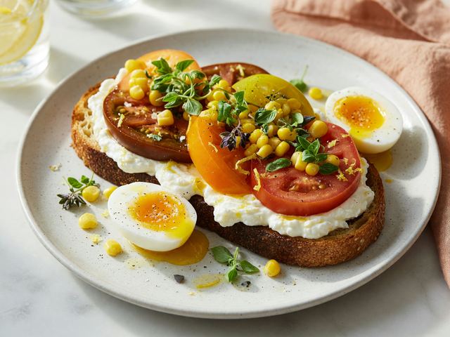 Mediterranean Heirloom Tomato Toast with Whipped Feta & Soft Eggs
