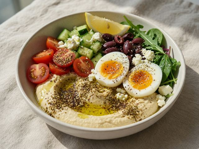Mediterranean Hummus Breakfast Bowls with Soft Eggs