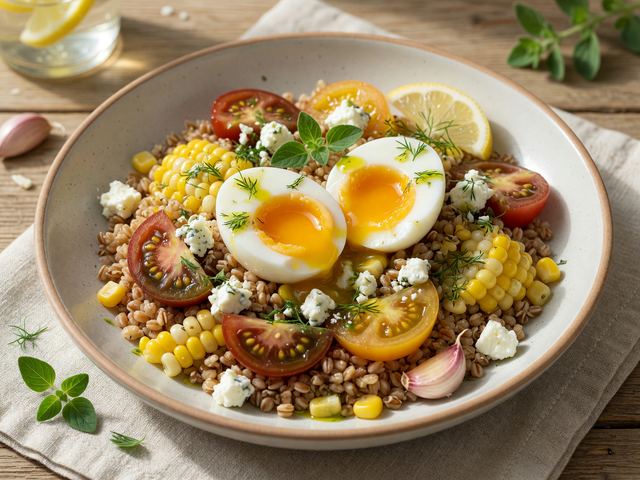 Mediterranean Soft-Boiled Egg Bowls with Heirloom Tomato and Sweet Corn