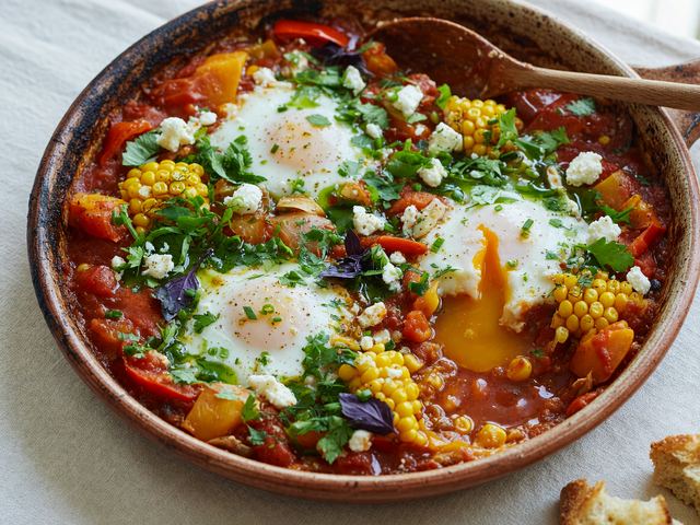 Mediterranean Tomato-Corn Shakshuka with Feta & Herbs