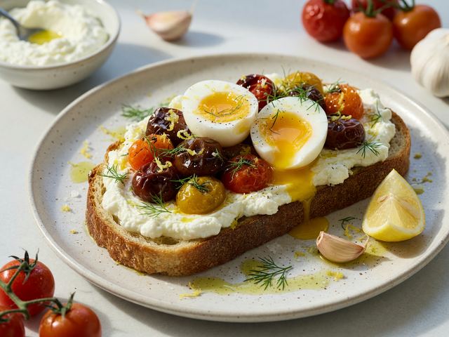 Mediterranean Whipped Feta Toast with Blistered Tomatoes & Soft Eggs