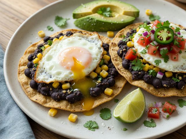 Mexican Black Bean Breakfast Tostadas with Soft Eggs and Corn Pico