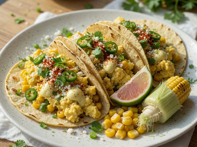 Mexican Street-Corn Soft Scramble Breakfast Tacos