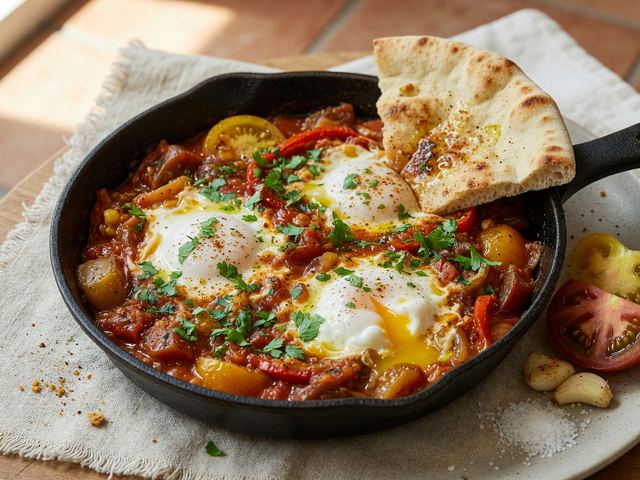 Middle Eastern Heirloom Tomato Shakshuka with Warm Pita
