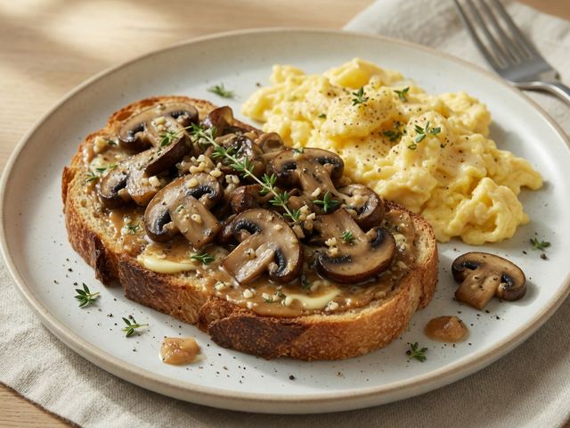 Miso Butter Mushroom Toast with Soft Scrambled Eggs