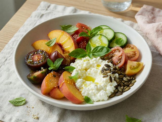 No-Cook Heirloom Tomato Peach Cottage Cheese Breakfast Bowls