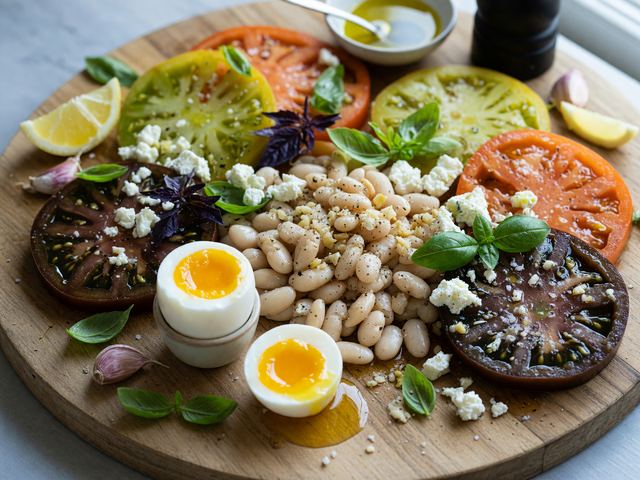 No-Cook Heirloom Tomato & White Bean Breakfast Boards with Soft-Boiled Eggs