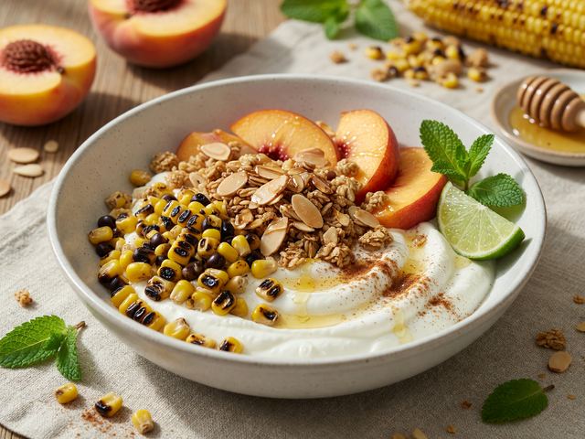 No-Cook Peach & Charred-Corn Yogurt Bowls with Honey Almond Crunch