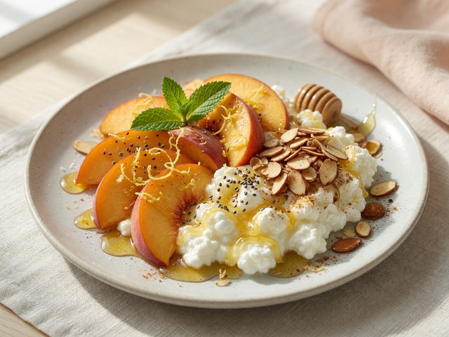 No-Cook Peach Cottage Cheese Protein Bowls with Honey Almond Crunch