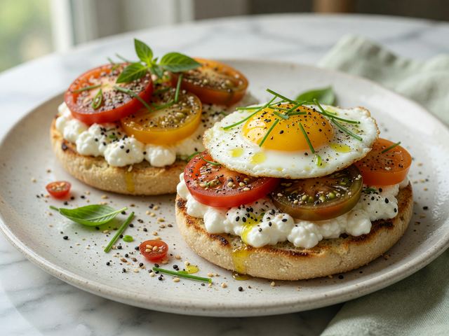 Open-Face Heirloom Tomato Cottage-Cheese Breakfast Sandwiches