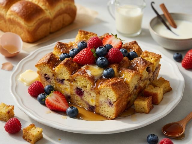 Overnight Brioche French Toast Casserole with Maple Berries