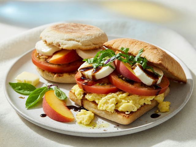 Peach Caprese Breakfast Sandwiches with Soft Scramble