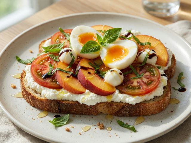 Peach Caprese Breakfast Toast with Whipped Ricotta & Soft Eggs