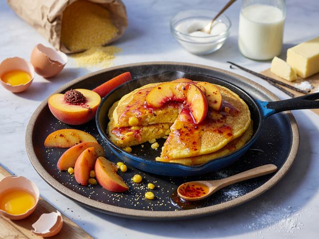 Peach-Cornmeal Skillet Pancakes with Hot-Honey Butter