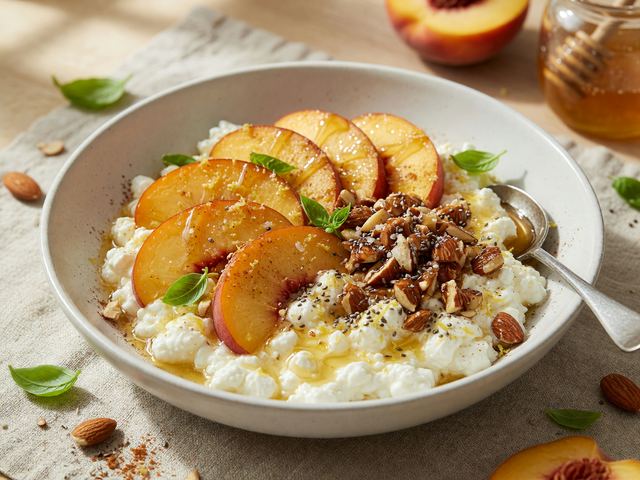 Peach Cottage-Cheese Protein Bowls with Honey Almond Crunch