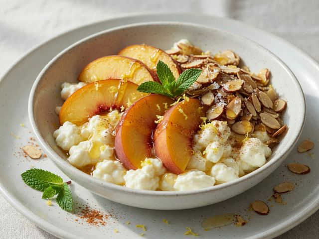 Peach Cottage-Cheese Protein Bowls with Honey Almond Crunch