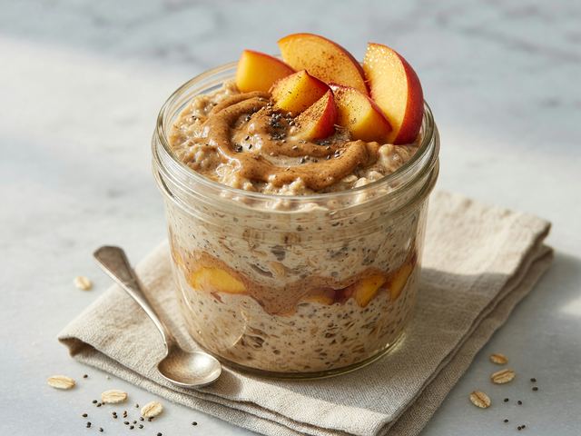 Peach Protein Overnight Oats with Almond Butter Swirl