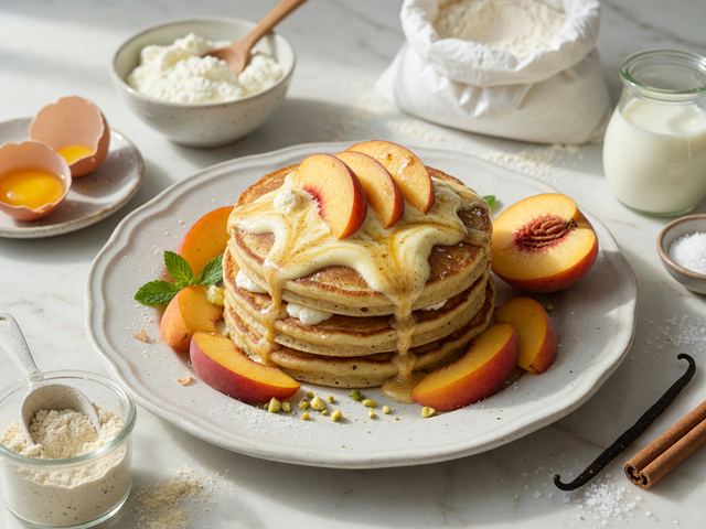 Peach Ricotta Protein Pancakes with Maple Yogurt