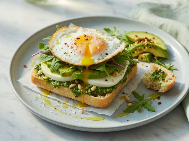 Pesto Avocado Breakfast Sandwich with Fried Egg