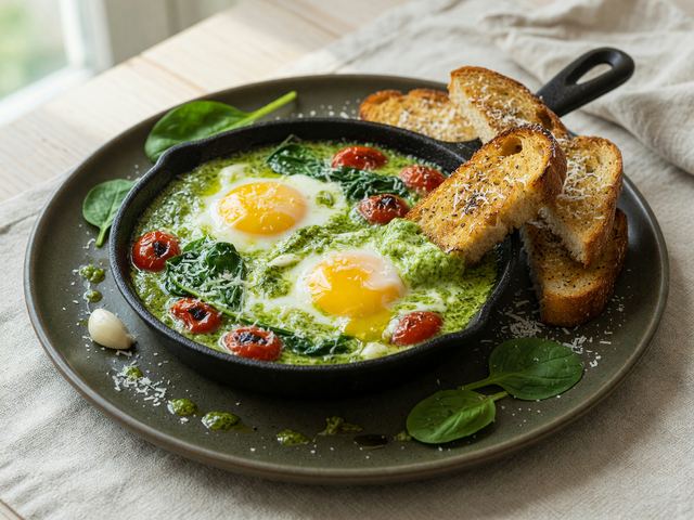 Pesto Skillet Eggs with Toast Soldiers