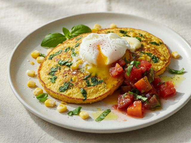 Savory Basil Cornmeal Pancakes with Soft Eggs & Tomato Relish