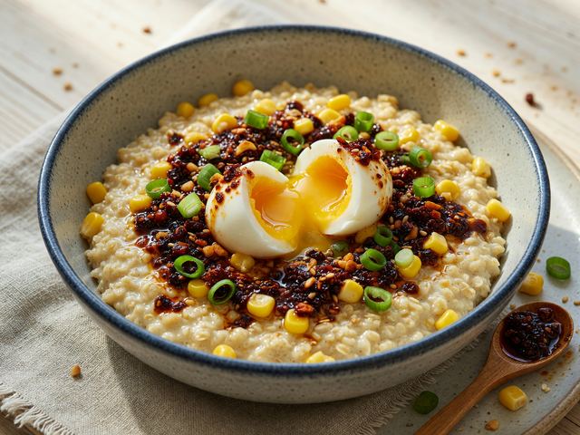 Savory Chili-Crisp Corn Oatmeal with Soft Eggs