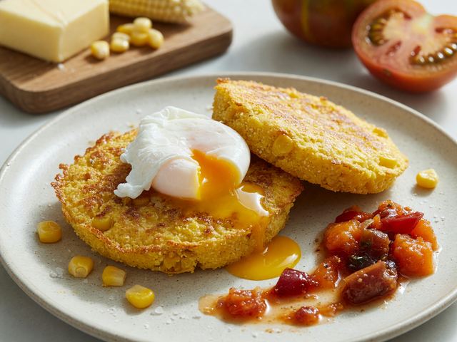 Savory Cornmeal Breakfast Cakes with Soft Eggs & Heirloom Tomato Jam