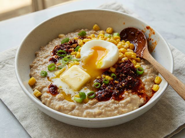 Savory Miso-Butter Oatmeal with Soft Egg, Corn & Chili Crisp