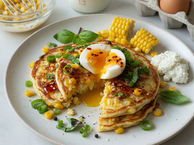Savory Sweet-Corn Ricotta Pancakes with Soft Eggs & Hot Honey
