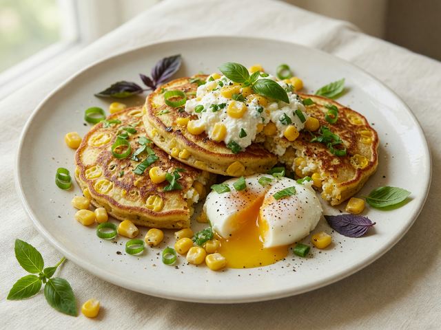 Savory Sweet-Corn Ricotta Pancakes with Soft Eggs & Basil