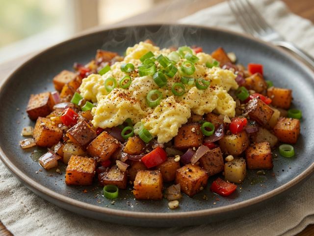 Savory Sweet Potato Hash with Soft-Scrambled Eggs and Green Onions