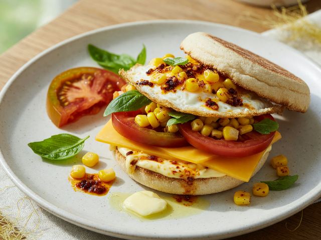 Savory Tomato-Corn Breakfast Sandwiches with Crispy Eggs