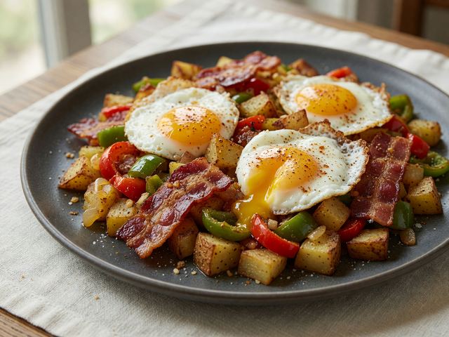 Sheet-Pan Bacon Egg Hash with Peppers