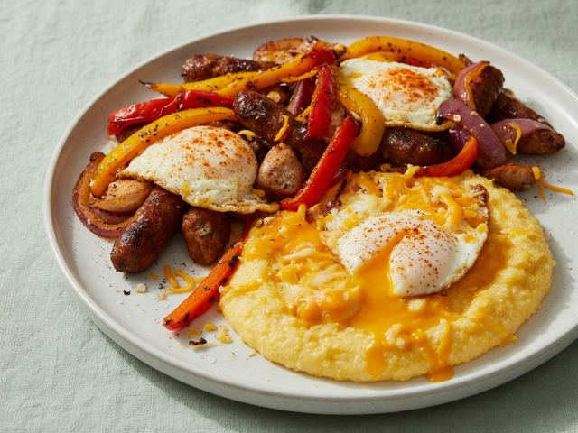 Sheet-Pan Breakfast Sausage, Peppers & Eggs with Cheesy Polenta